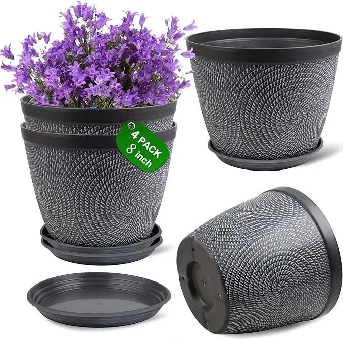 Quarut 4 Pack 8 Inch Flower Pots Planters for Outdoor Indoor, Plastic Plant Pots with Drainage Hole & Tray, Modern Decorative Garden Pot with Saucer, planters for House (Gray) by GreenHaven Gardens