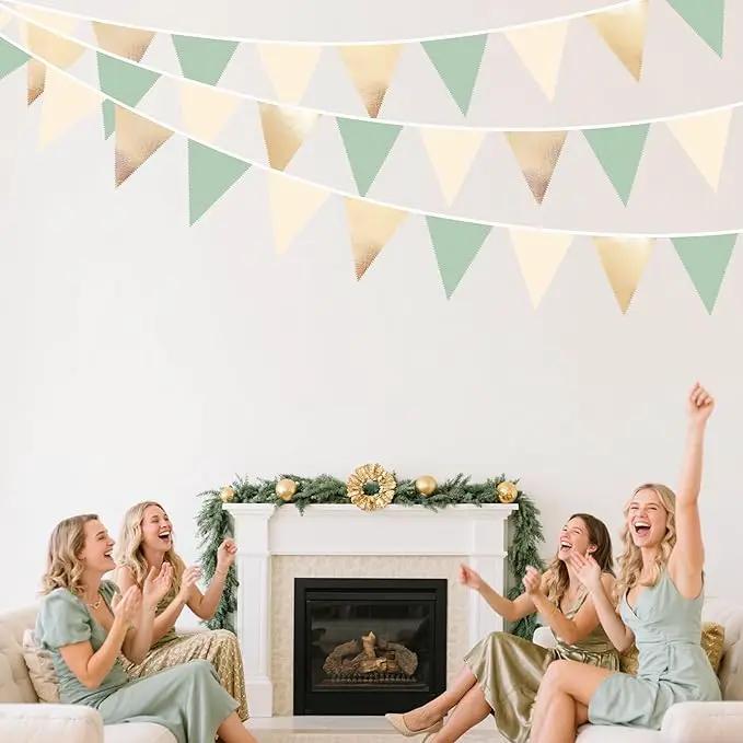 Sage Green Beige Champagne Gold Party Decorations Metallic Fabric Triangle Pennant Banner Bunting Flag Garland for Baby Shower Birthday Wedding Engagement Bridal Shower Graduation Decoration Supplies by GreenHaven Gardens