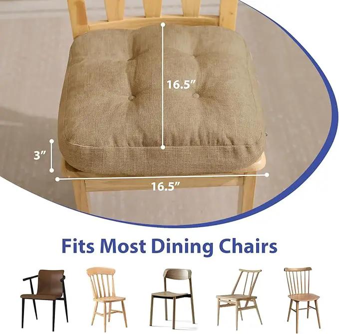 Chair Cushions for Dining Chairs, Dining Chair Cushions, Tufted Indoor Chair Pads with Ties & Non Slip Backing, Seat Cushions for Kitchen Chairs 16.5” x 16.5” x 3.5”, Set of 6, Khaki by GreenHaven Gardens
