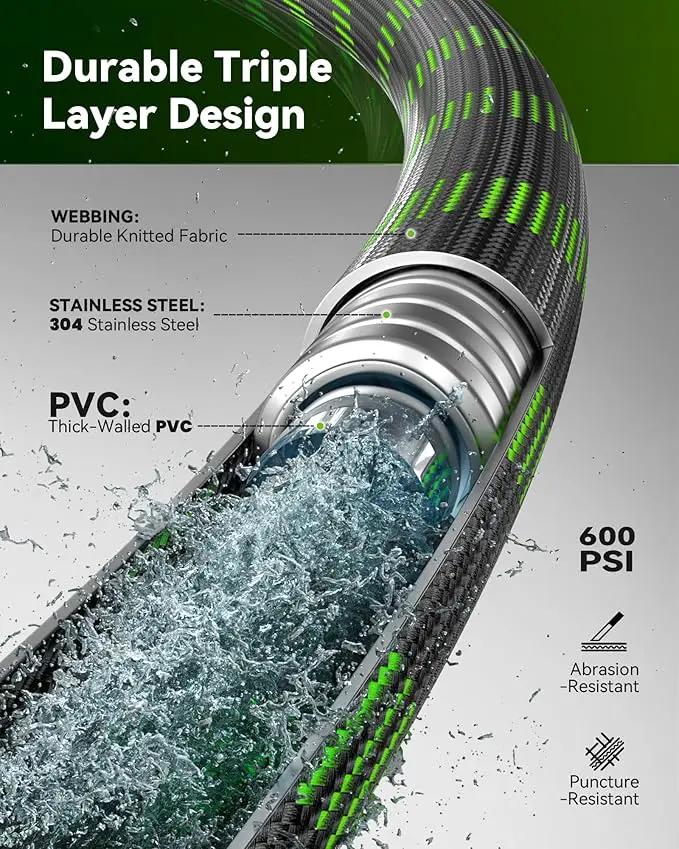 RAINPOINT Metal Garden Hose 50 ft - No-kink 304 Water Hose with 10 mode Nozzle - Brass Connection, Swivel Handle, Flexible Hose,Lightweight, Puncture by GreenHaven Gardens