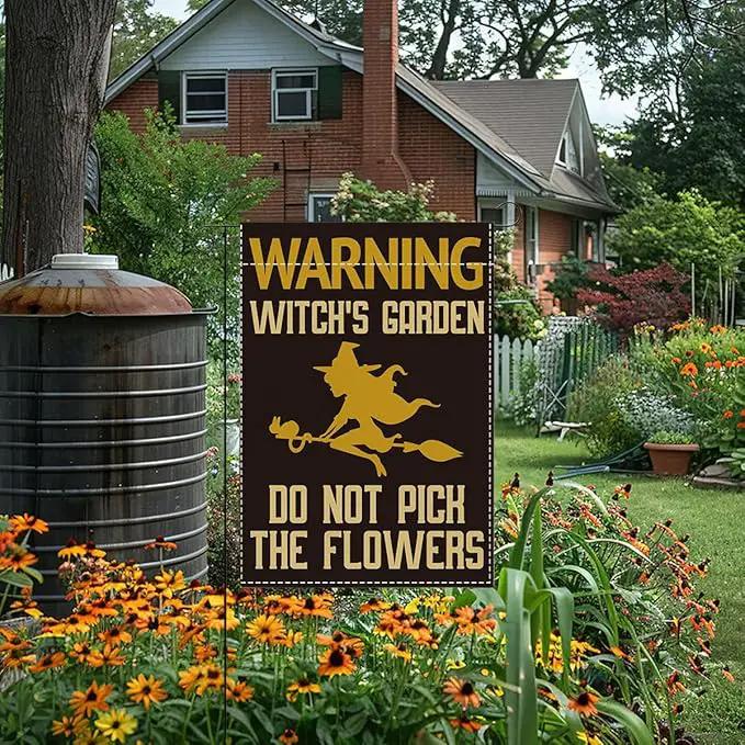 Witch's Funny Garden Flag Do Not Pick the Flowers Sign Plant Lover Gift Small Double Sided Burlap art Stained Glass Style Garden Flags 12 x 18 Inch for Outside by GreenHaven Gardens