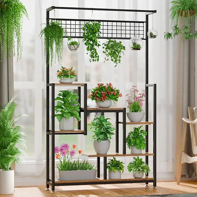 Tall Plant Stand Indoor with Grow Lights, 6 Tiered Metal Plant Stand for Indoor Plants Multiple, Large Plant Shelf Display Rack, Square Flower Plant Holder for Living Room, Patio (Black) by GreenHaven Gardens