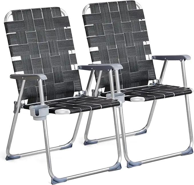 VINGLI Aluminum Patio Lawn Chairs Folding Set of 2 with Detachable Cup Holder, Webbed Beach Chair Folding Chair Outdoor Portable Camping Chair for Yard, Garden by GreenHaven Gardens