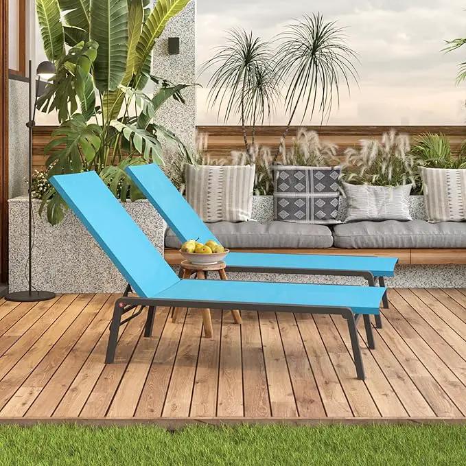 Patio Chaise Lounge Set of 2 with 4 Adjustable Backrest, Foldable Aluminum Chaise Lounge Chair Recliner for Outdoor, Poolside, Sun Tanning Blue by GreenHaven Gardens