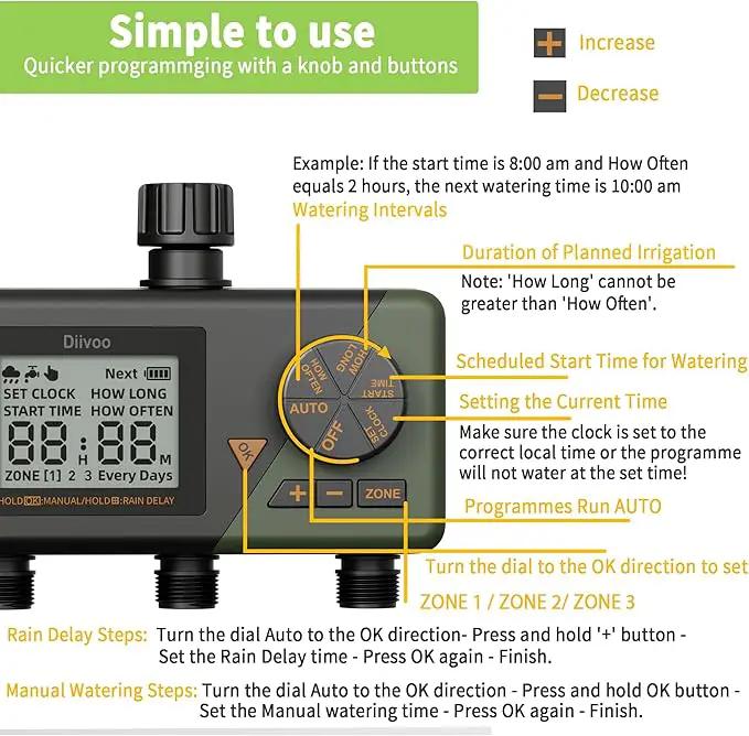 Diivoo Sprinkler Timer 3 Zone, Water Hose Timer 3 Outlet for Garden, Programmable Automatic Irrigation Timer with Rain Delay and Manual/Auto Mode Watering IP54 for Lawn, Yard, Pool by GreenHaven Gardens