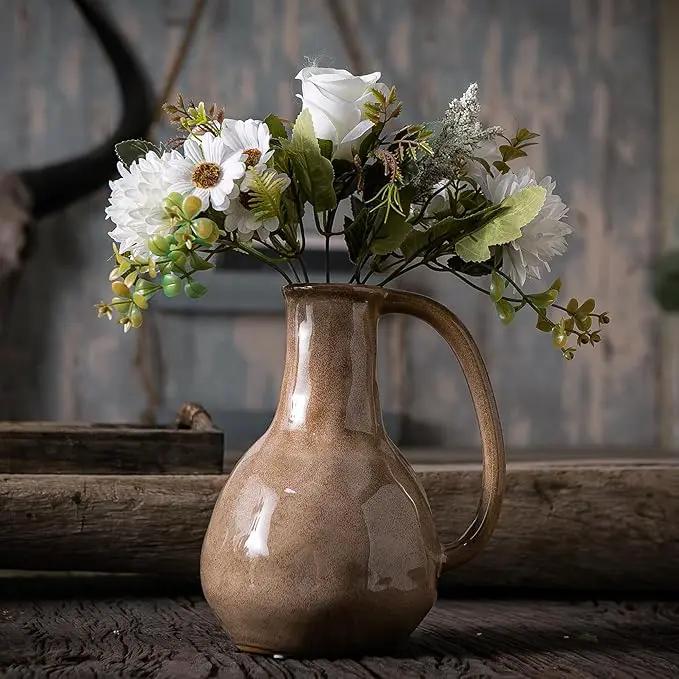 Brown Ceramic Vase with Big Handles, Modern Farmhouse Decor, Rustic Pottery for Flowers, Decorative Terracotta Centerpiece for Dining Table by GreenHaven Gardens