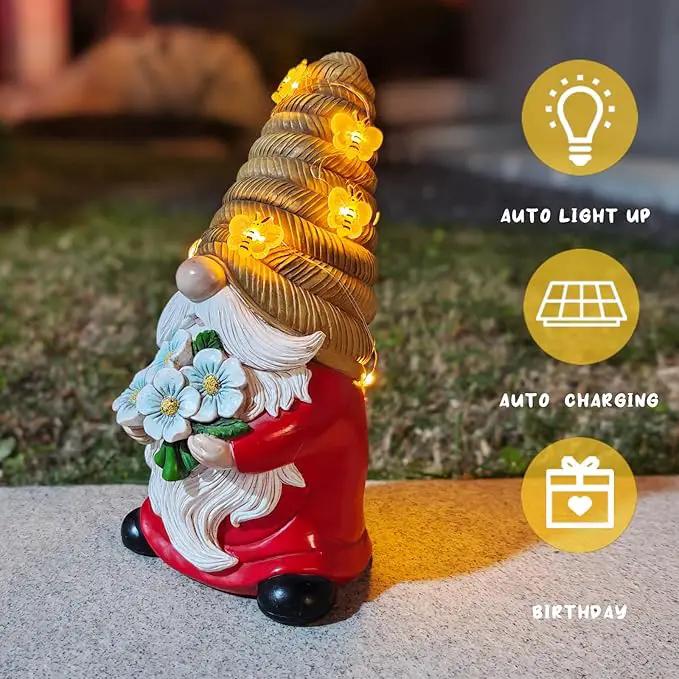 Outdoor Garden Gnomes Statue, Bee Flower Gnome Sculpture, with Solar LED Lights for Yard, Patio, Lawn Ornaments for Garden, Patio Gnome Gifts for Mom by GreenHaven Gardens