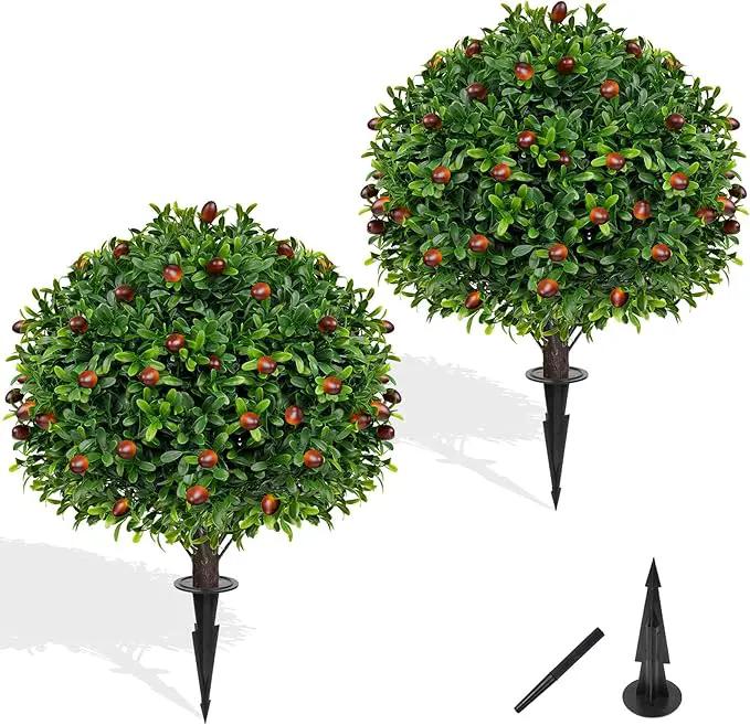 Artificial Olive Topiary Ball Trees with Ground Spike, Set of 2 UV Resistant Artificial Shrubs, Fake Evergreen Artificial Plant Bushes for Indoor Outdoor Front Porch Garden by GreenHaven Gardens