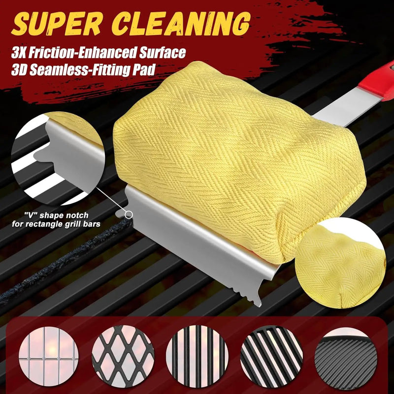 Steam Safe Grill Cleaning Brush Bristle Free and Scraper for Outdoor Grill with 15" Extended Handle, 3X Thick Aramid Fabric Replaceable Brush Heads, Triple-Groove Scraper Design for All Grates, Red by GreenHaven Gardens