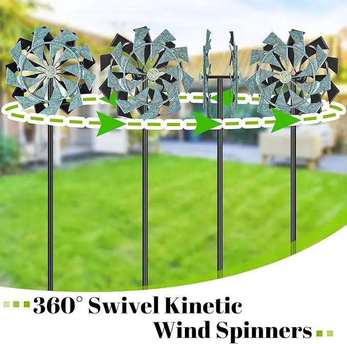 59 inch Outdoor Kinetic Wind Spinner, Double Blade Wind Sculpture with 5 Prong Base, Geometric Metal Windmill for Garden, Lawn & Patio Decoration (Blue Gold) by GreenHaven Gardens