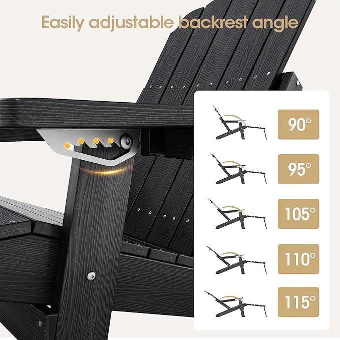 Adjustable Backrest Folding Adirondack Chair Set of 2, Adirondack Chair with Ottoman, Weather Resistant Fire Pit Chair with 2 Cup Holders, for Porch Backyard Outdoor Lawn Pool Deck Beach, Black by GreenHaven Gardens