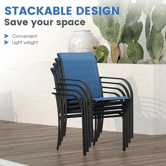VICLLAX Patio Dining Set for 4, Outdoor Furniture Set Includes 40.2" Square Patio Table and 4 Stackable Patio Sling Chairs, Patio Table and Chairs for Outsides, Black Table and Blue Chairs by GreenHaven Gardens