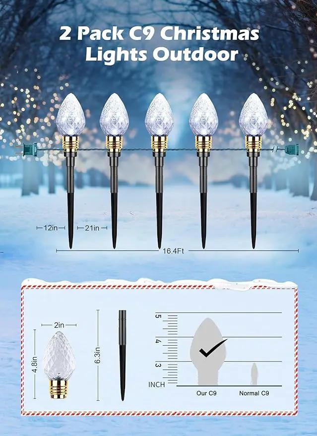 Brightown 2 Pack Strawberry C9 Christmas Pathway Lights Outdoor - Total 34.8 Feet 20 LED C9 Walkway Lights, Clear Bulb Christmas Lights Outdoor Decorations for Lawn Holiday Yard, Pure White by GreenHaven Gardens