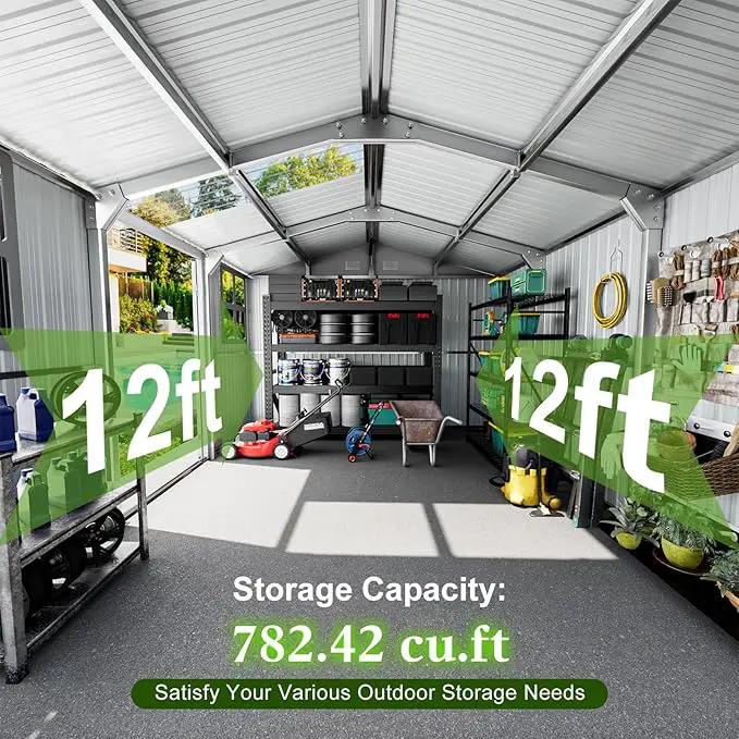 12x10 FT Metal Sheds & Outdoor Storage: Heavy Duty Garden Sheds with Dual Transparent Panels, 2x4-Pane Windows & Hinged Double Doors, Weatherproof Tool Shed for Backyard, Garden, Patio, Grey/White by GreenHaven Gardens