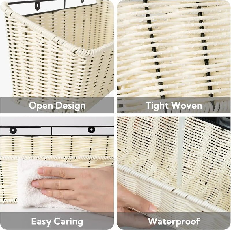 GRANNY SAYS Wicker Hanging Basket, 2 Pack Storage Baskets for Organizing, Adhesive Wall Mount Fruit Basket, Kitchen Organization Hanging Shelves, Storage Cabinet Door Organizer, Off White by GreenHaven Gardens