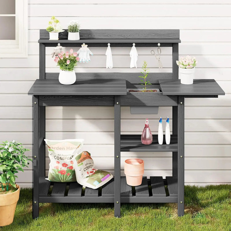 SERWALL Potting Bench Outdoor Potting Table with Sink, HDPE Potting Benches for Outside Gardening Table All Weather Use- Gray by GreenHaven Gardens