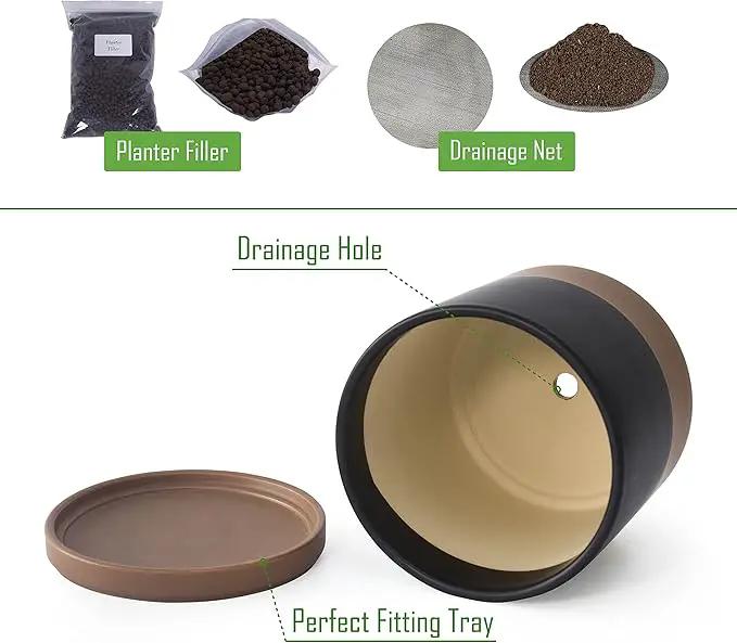 D'vine Dev 10 Inch, Ceramic Planter Pot with Drainage Hole and Saucer, Indoor Cylinder Round Planter Pot, Black/Speckled Tan, 94-O-E-7 by GreenHaven Gardens