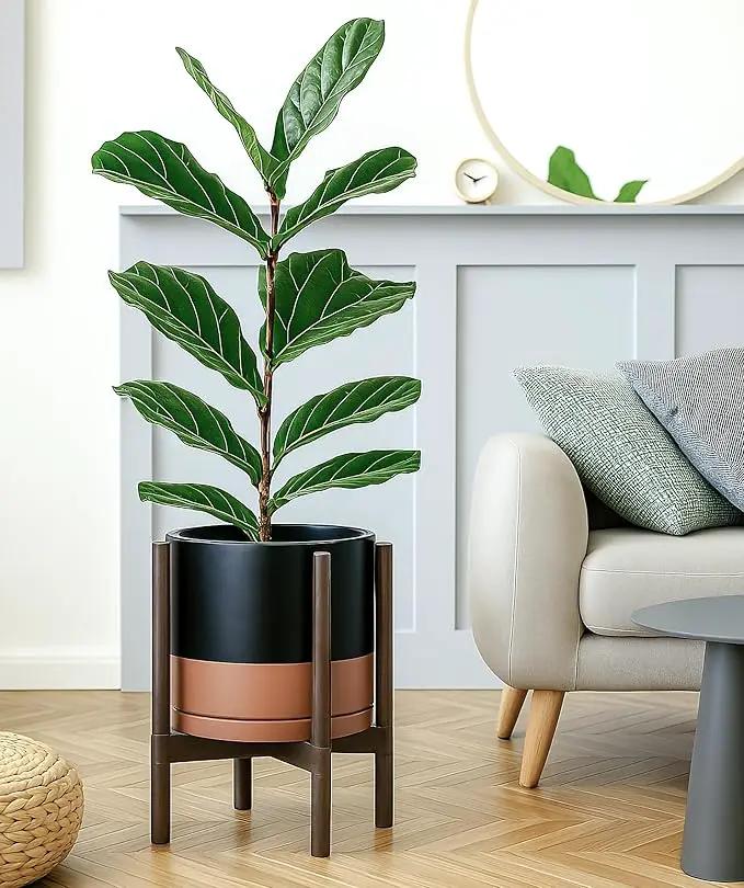 D'vine Dev Ceramic Planter with Walnut Color Stand - 12 Inch Modern Round Flower Pot with Wood Planter Holder, Black/Speckled Tan, 55-B-W-7 by GreenHaven Gardens