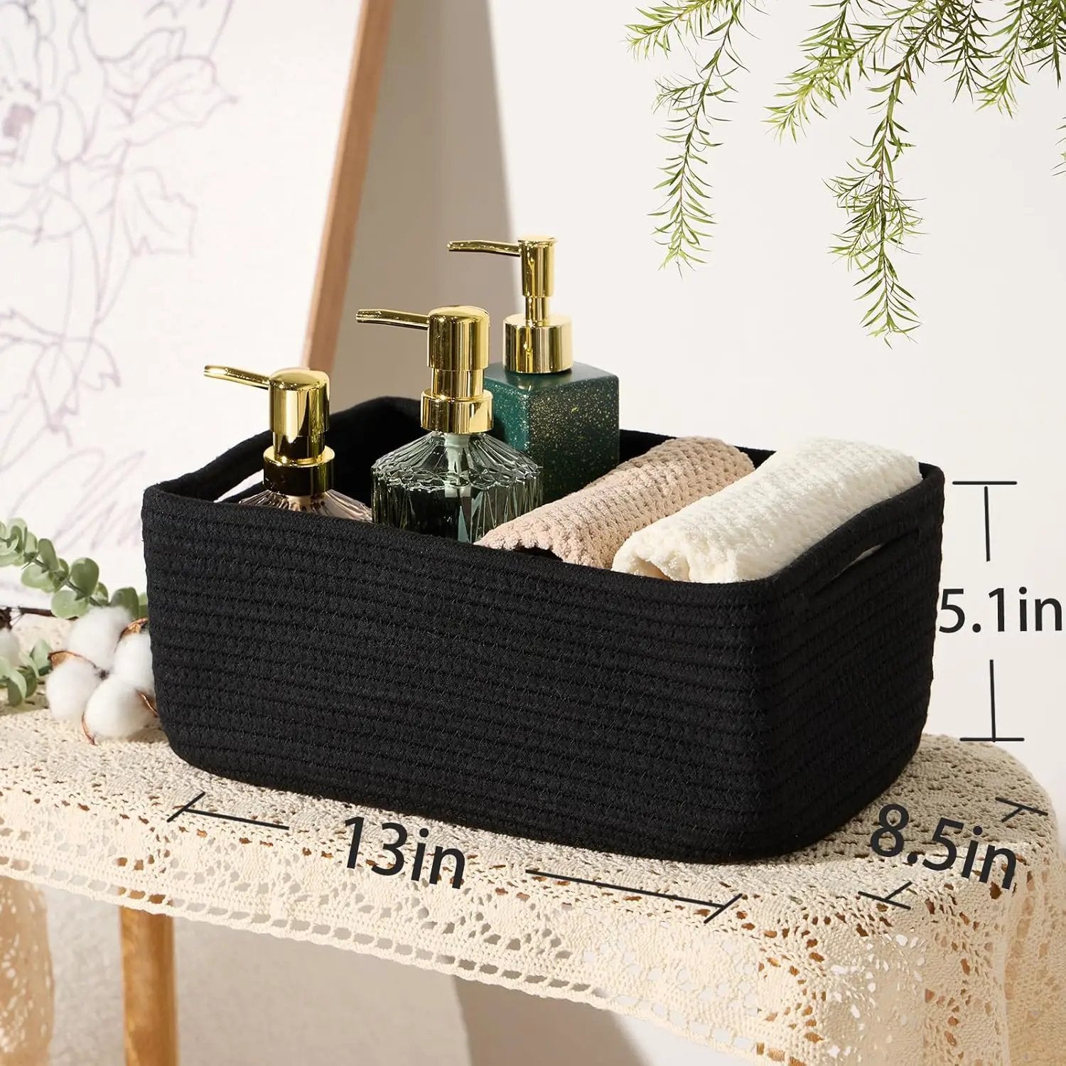 Small Storage Baskets for Organizing | Closet Organizer Bins | Shelf Toy Basket | Woven Rope Baskets | Cube Decorative Box | Shallow Basket | 13x8.5x5.1” | 3 Packs Black by GreenHaven Gardens