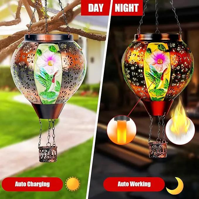 2 Pcs Hummingbird Solar Hot Air Balloon Lantern with Flame, Hot Air Balloon Decorations for Yard Porch Decor, Glass Large Hanging Outdoor Decor, Solar Lantern Waterproof, Hummingbird Gardening Gifts by GreenHaven Gardens