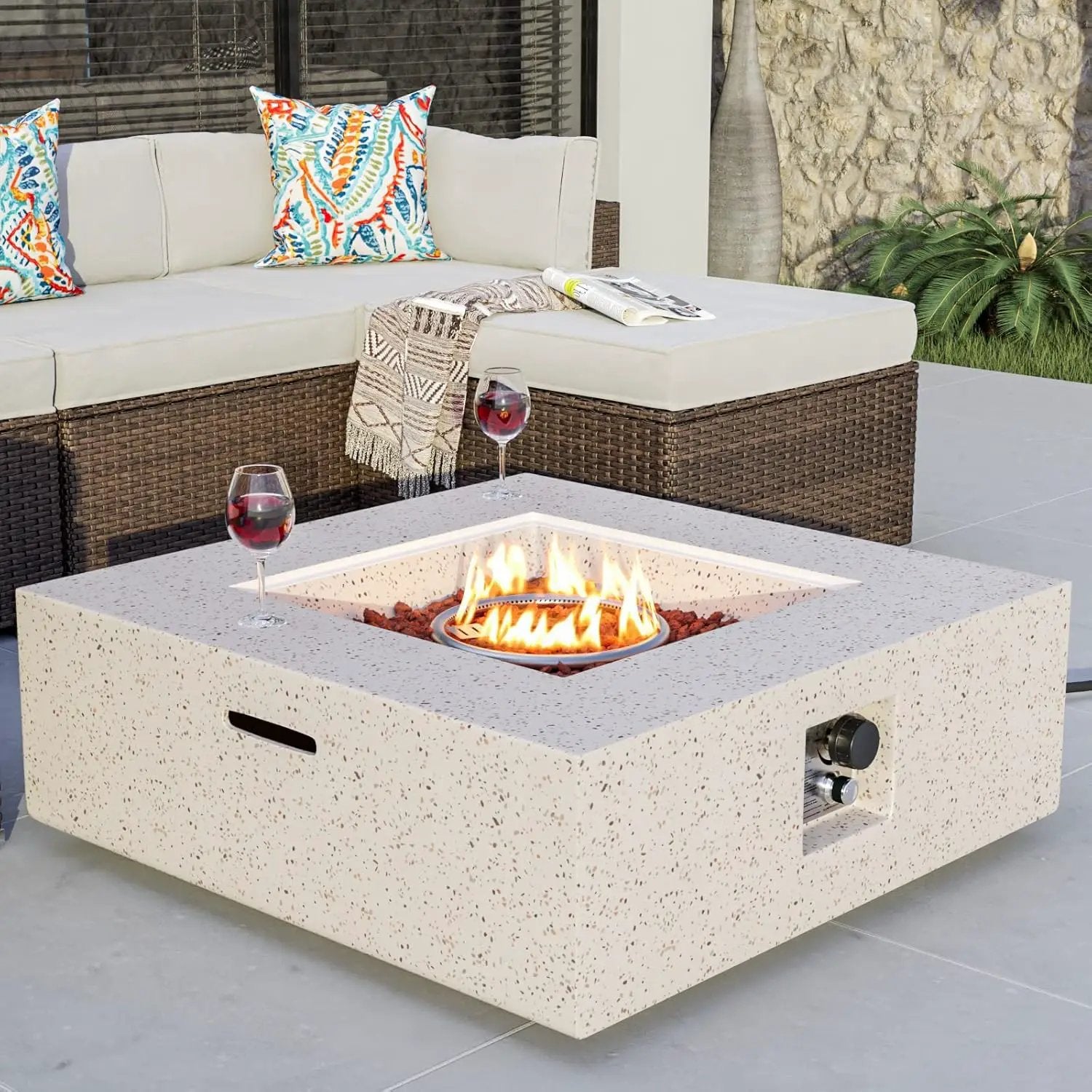 COSIEST Outdoor Propane Fire Pit Coffee Table w Square Faux Stone 35-inch Base, 50,000 BTU Stainless Steel Burner, Free Lava Rocks and Rain Cover by GreenHaven Gardens