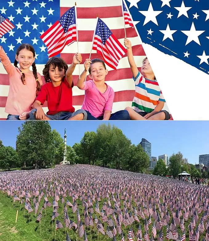 Pack of 100 American Flags with wood Stick, 12x18 Inch American Flags for outside, US Flags/American Hand Held Stick Flags with Kid-Safe Spear Top, Perfect for Patriotic Decorations, Parades, Veteran Party,4th of July decorations by GreenHaven Gardens