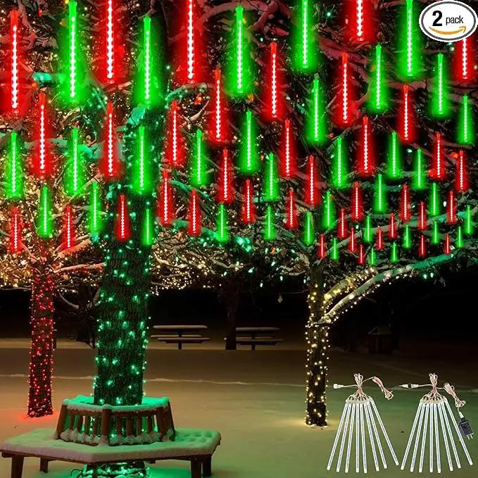 EXF 2-Pack Meteor Shower Lights Outdoor Waterproof, Rain Drop Christmas Light Total 384 LED 30cm 16 Tubes Snow Cascading String Lights Plug in for Xmas Tree Wedding Party Garden Décor (Red and Green) by GreenHaven Gardens