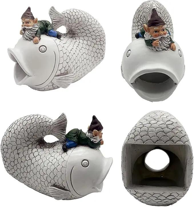 Gnome Fish Sculpture, Garden Animal Statue & Outdoor Decor, Eco-Friendly Resin Gutter Diverter Rain, Decorative Gutter Extension Downspout, Splash Block, Perfect for 3"x4" Downspouts by GreenHaven Gardens