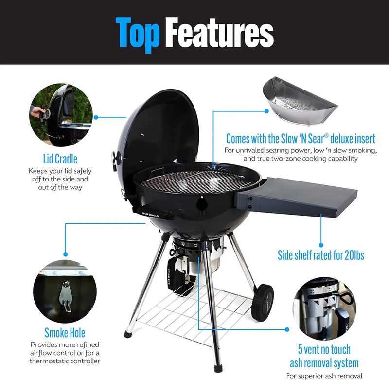 SnS Grills Original Kettle Charcoal Grill with Patented Slow 'N Sear Deluxe Insert and EasySpin Grate for Two-Zone Cooking, Low ‘N Slow Smoking and BBQing - Black 22-Inch by GreenHaven Gardens