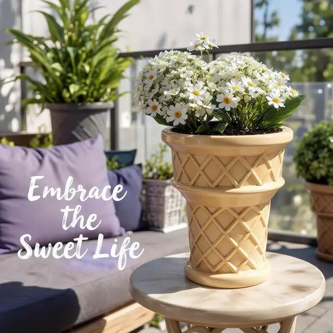 Fun & Unique Giant Ice Cream Cone Planter & Vase Quirky Large Ceramic 12” Tall Indoor Outdoor Vase for Plant Lovers – Perfect for Multiple Plants or Statement Garden Art by GreenHaven Gardens