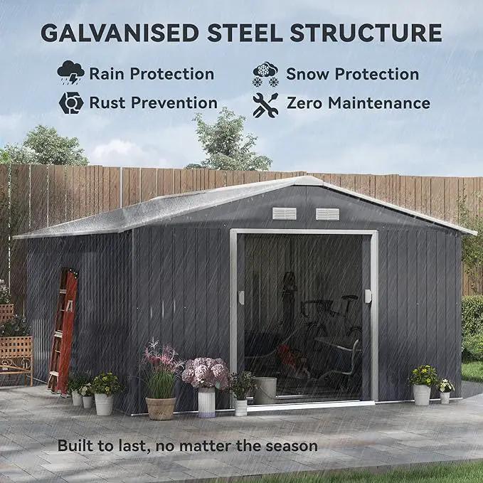 Outsunny 11' x 13' Outdoor Storage Shed, Garden Tool Metal Shed with Foundation Kit, Double Lockable Door, Air Vents and Sloping Roof, for Backyard, Patio, Lawn, Dark Gray by GreenHaven Gardens