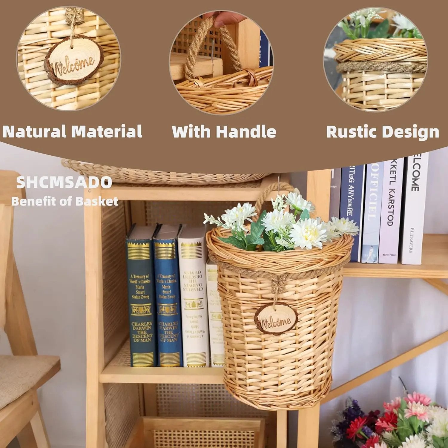 Woven Wicker Hanging Basket Door Hanging Basket Wall Decorations for Home Garden Farmhouse (original) by GreenHaven Gardens
