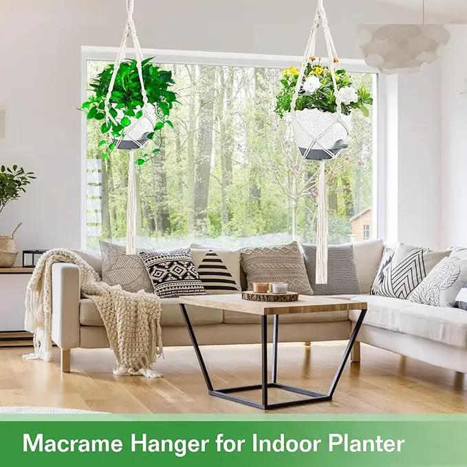 2 Pack Self Watering Hanging Planters Indoor Flower Pots, 6.5 Inch Hanging Pot Macrame Hanging Plant Holders with 2 Hooks Drainage Holes for Garden Home by GreenHaven Gardens