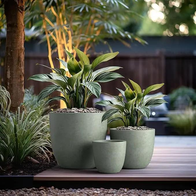 Kante 18",14",10" Dia Concrete Round Planters (Set of 3), Outdoor Indoor Large Planter Pots with Drainage Hole and Rubber Plug for Home Patio Garden, Mint Green by GreenHaven Gardens