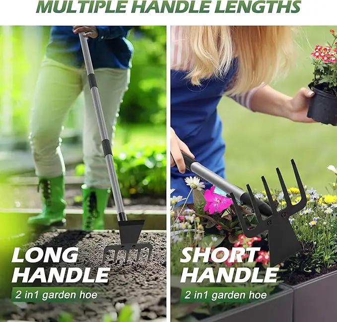 Walensee 2 in 1 Hoe Garden Tool, 63 Inch Garden Hoe Cultivator and 5-Tines Rake with 37-63 Inch Adjustable Long Handle, Weeding Tools Hand Tiller for Yard Lawn Flower Beds Planting Gardening Digging by GreenHaven Gardens