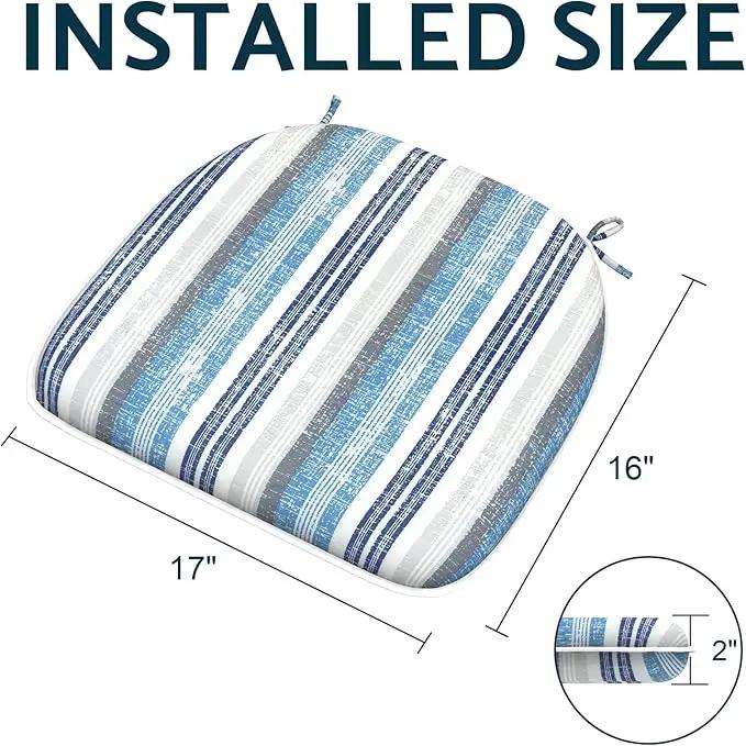 Indoor/Outdoor Chair Cushions 16x17 Inch, Patio Chair Cushions with Ties, All Weather Seat Cushions for Patio Furniture Home Garden Chair Use, Set of 4, Stripe Layered Blue by GreenHaven Gardens