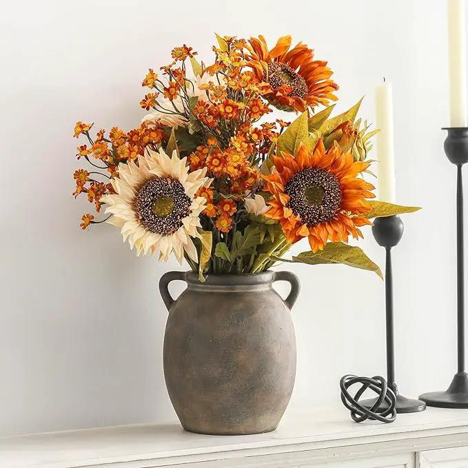 Ceramic Flower Vase 7.6 inch Farmhouse Rustic Vase Decorative Pottery Terracotta Vases for Home Decor Table Mantle Fireplace Living Room Bathroom Wedding Centerpiece (Black) by GreenHaven Gardens