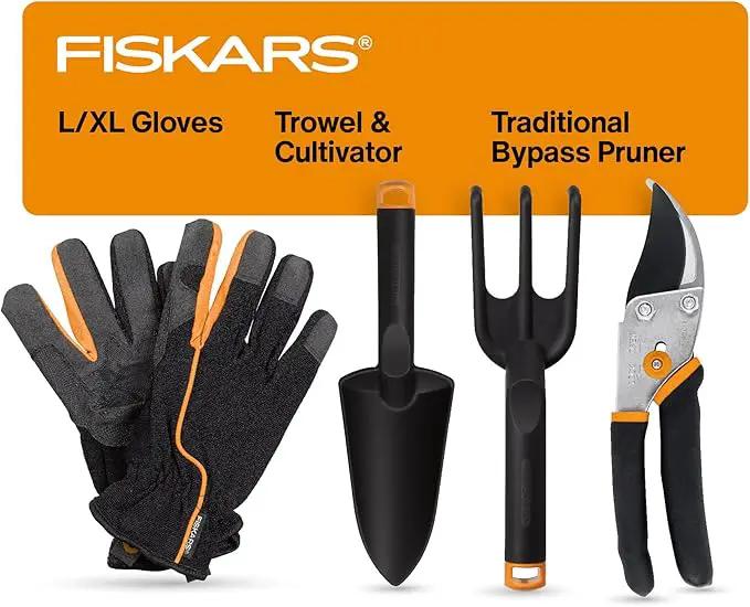 Fiskars House Plant Starter Tool Set with Set with Bypass Pruner, Trowel, Cultivator, and L/XL Garden Gloves for Indoor Gardening (4 Piece Kit) by GreenHaven Gardens
