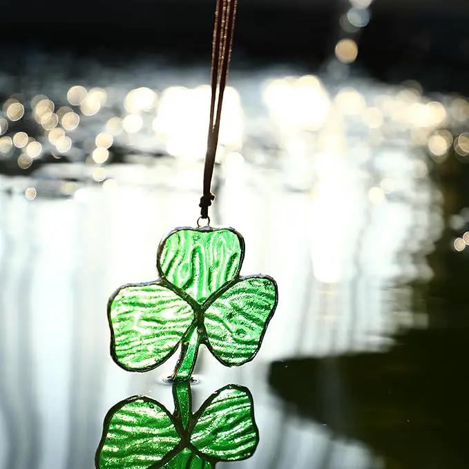 Handmade Stained Glass Clover Suncatcher Glass Panel St. Patrick's Day Christmas Decor for Garden Outdoor Indoor Window Hanging Decoration by GreenHaven Gardens