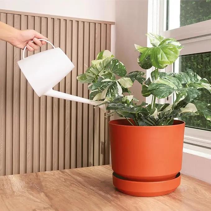 Elly Décor 12 inch Plastic Cylinder Planter Pot with Self-Watering Saucer and Drainage Hole,Lightweight & Extremely Durable, 12"x 12", Terracotta by GreenHaven Gardens