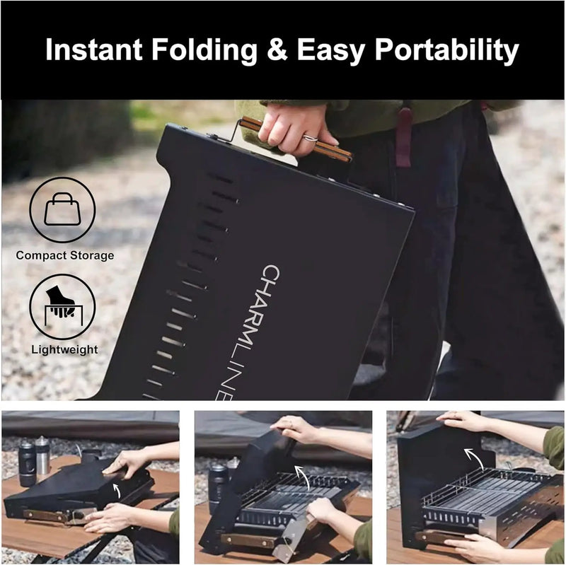 Charmline 19x13in Foldable Portable Grill Charcoal, Compact Grills for Outdoor Use, Desktop Charcoal Grill for Indoor Use, BBQ Grill for Camping, Picnics, Gardens and Beach Parties, Black by GreenHaven Gardens