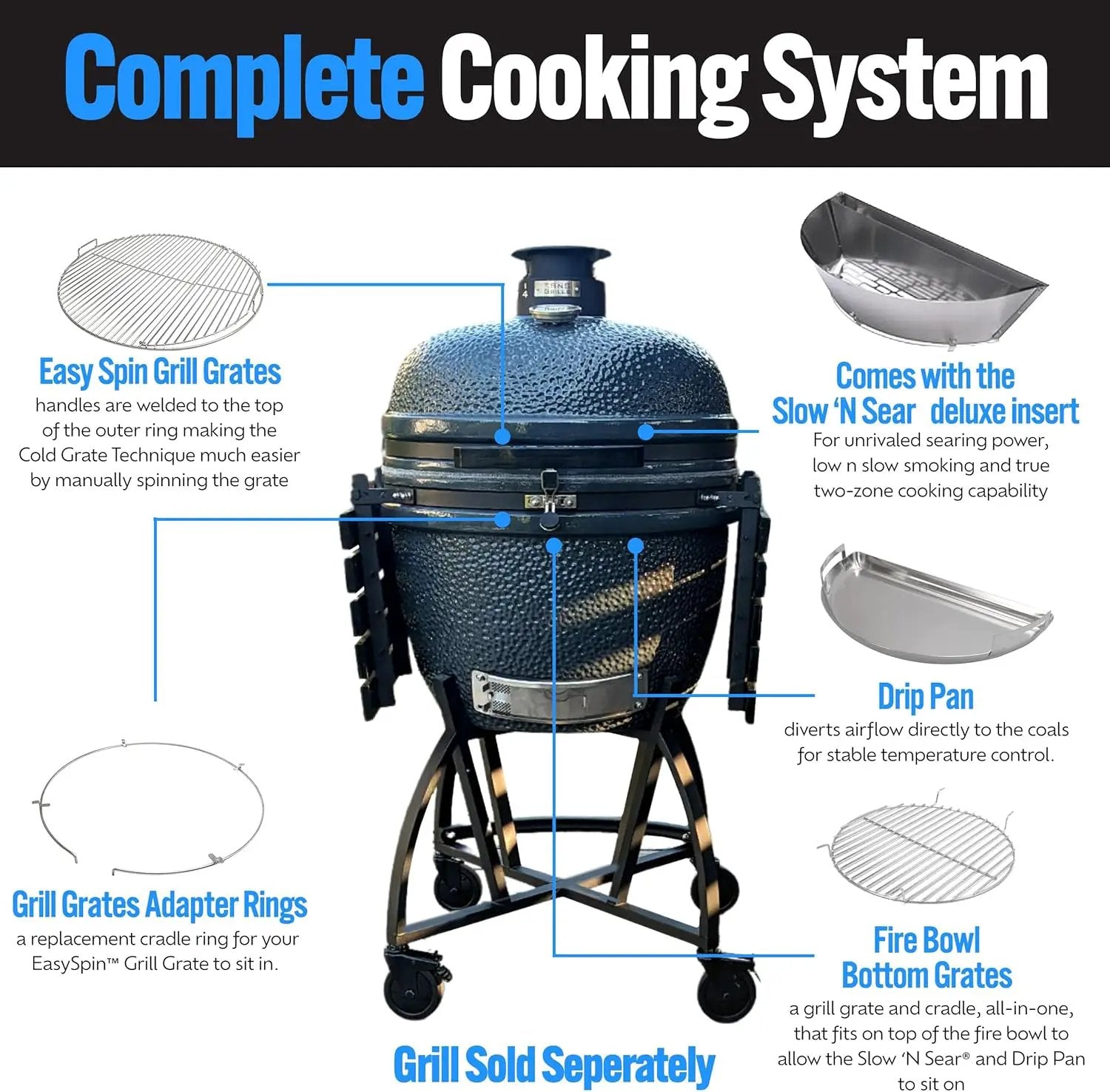 SnS Grills Slow ‘N Sear® 5-Piece Cooking System - Patented Charcoal Basket with Removeable Water Reservoir, EasySpin Grate, Drip Pan for Low ‘N Slow Smoking & Charcoal Grilling on Big Green Egg LG by GreenHaven Gardens