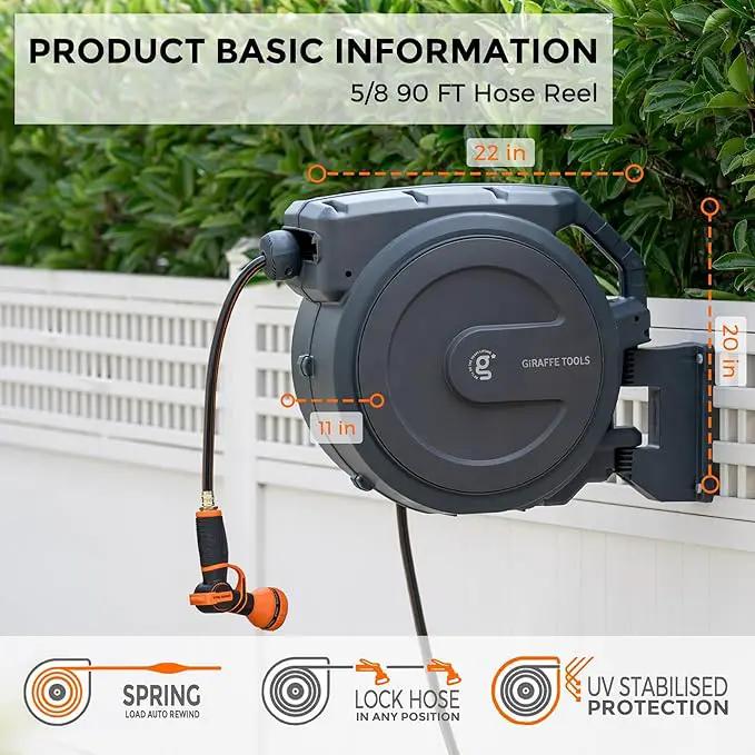 Giraffe Tools Retractable Garden Hose Reel 5/8 inch x 90 ft Hose Reels for Outside, Wall Mounted Water Hose Reel with 180 Deg Swivel Bracket, Any Length Lock, 9 Pattern Hose Nozzle by GreenHaven Gardens