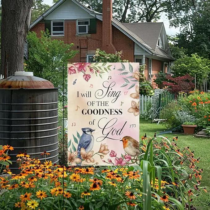 Religion Garden Flag I Will Sing of the Goodness of God Lawn Porch Bible Verse Decor Small Double Sided Burlap art Stained Glass Style Garden Flags 12 x 18 Inch for Outside by GreenHaven Gardens