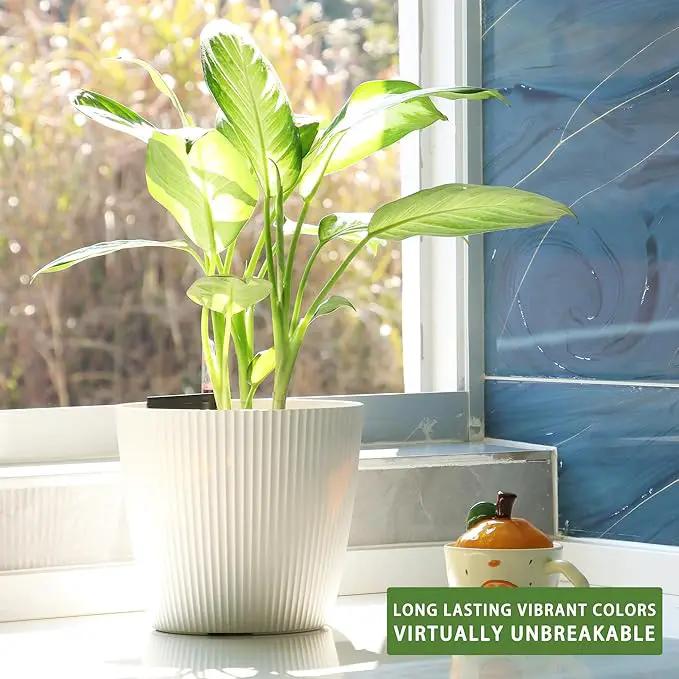 Dexceder 9x8 Self Watering Planters Indoor, Inner Mat Design, Table Flower Plant Pot with Water Level Indicator (2 Pack, White) by GreenHaven Gardens