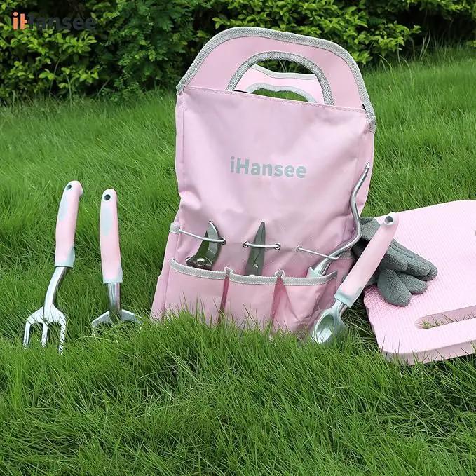 Pink Garden Tool Sets 12 Pieces, iHansee Aluminum Gardening Hand Tools with Non-Slip Handle, Kneeling Pad, Apron, Gloves and Organizer Bag, Landscaping Tools - Gift for Women & Garden Enthusiasts by GreenHaven Gardens