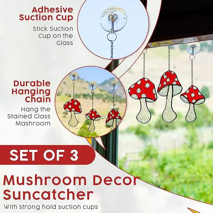 SENSORY4U Fly Agaric Hand-Painted Mushroom Stained Glass Suncatcher 3-Pack - Moon and Toadstool Window Hanging Ornaments - Nature-Inspired Home Décor for Plant and Mushroom Lovers by GreenHaven Gardens