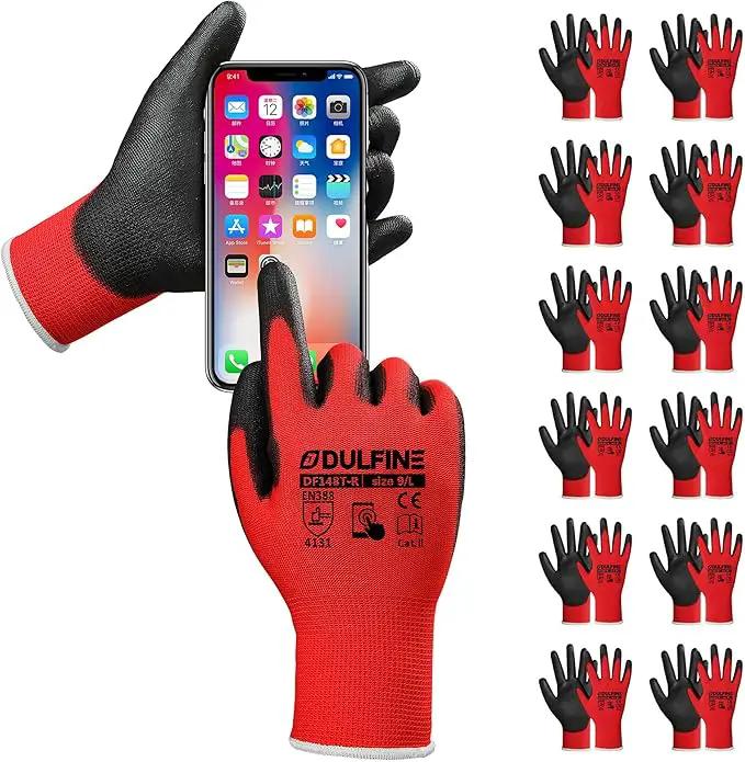 DULFINE Safety Work Gloves PU Coated for Men and Women-12 Pairs,Red Seamless Knit Glove with Two Fingers Touchscreen,Ideal for General Duty Work (Large) by GreenHaven Gardens