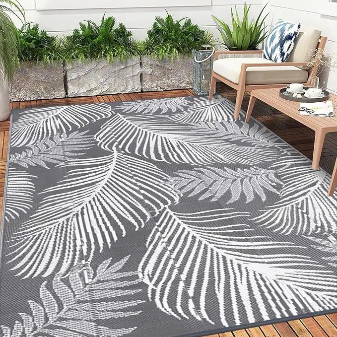 Pauwer Waterproof Outdoor Rug 6x9, Reversible Plastic Straw Patio Camping Rug, Indoor Outdoor RV Mat Carpet for Deck, Camper, Porch, Balcony, Backyard, Picnic, Leaf Grey by GreenHaven Gardens