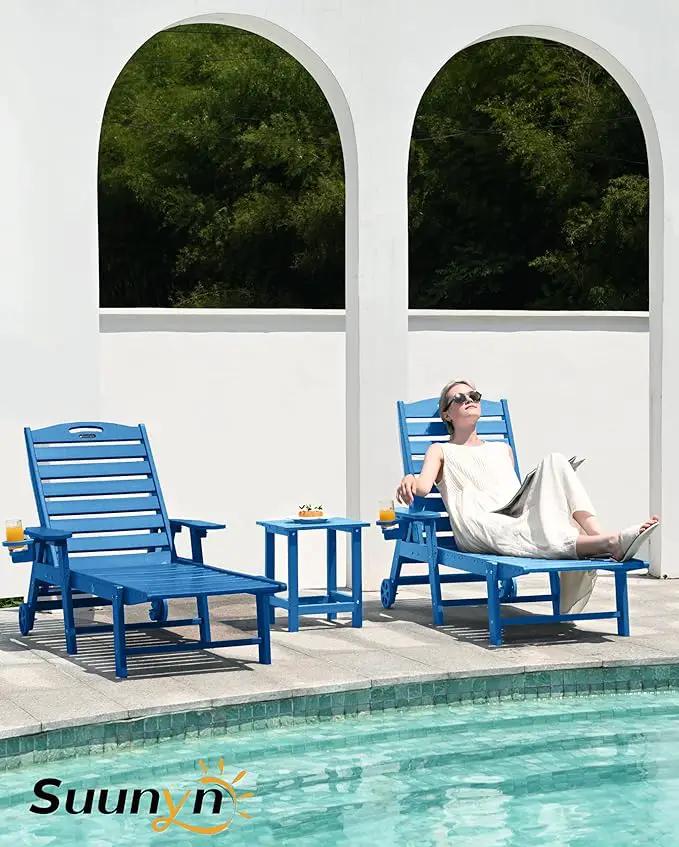 Lounge Chair Outdoor Set of 2, HDPE Chaise Lounge Chair Outdoor with 6-Position & Wheels &Cup Holder, Pool Lounge Chair for Pool Poolside Deck Backyard Patio, Navy Blue by GreenHaven Gardens